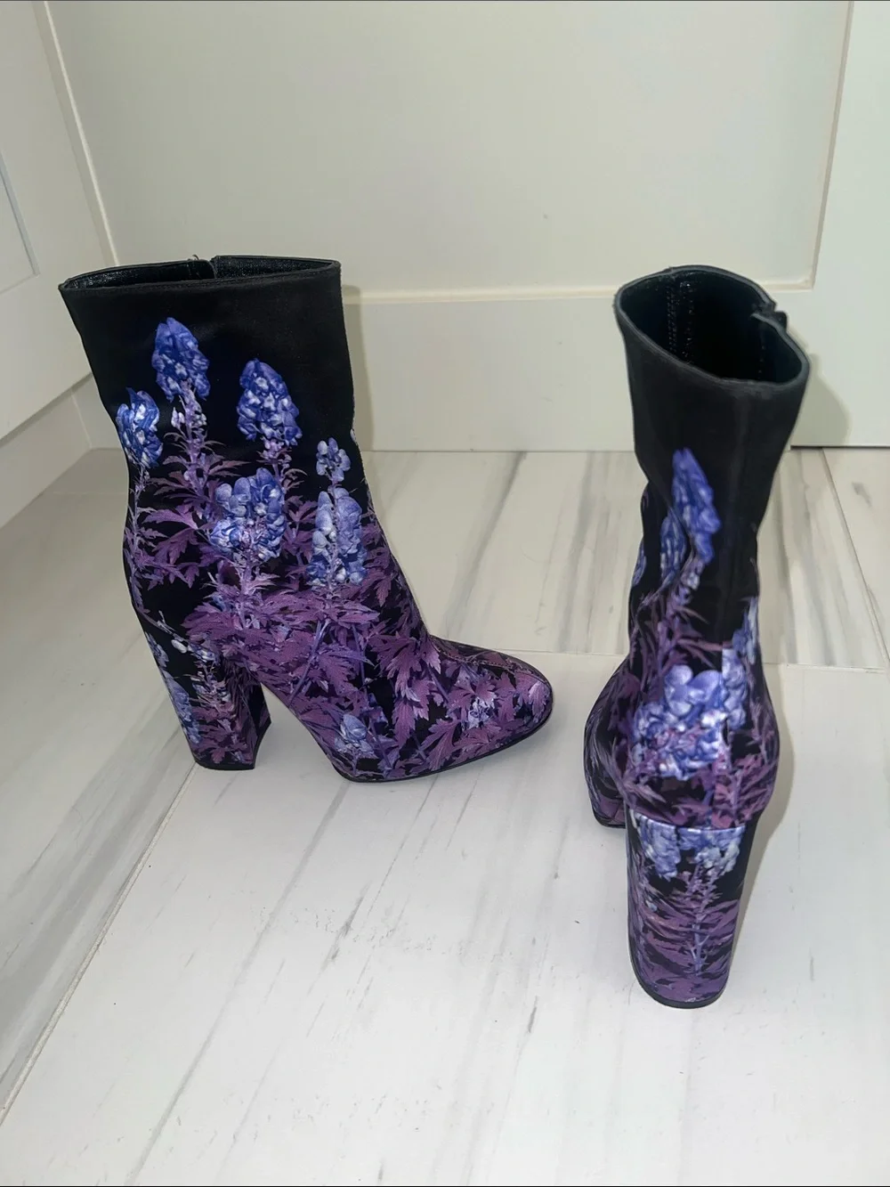 Dries Van Noten Black & Purple Floral Block-Heel Ankle Boots-LIKE NEW